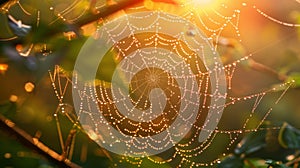 Detailed macro shot of dew on spider web with sunlight refractions in high resolution photography