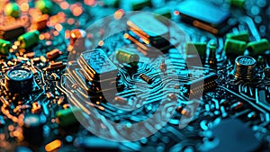 Detailed macro shot of electronic circuit board components and microchips close up