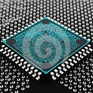 Close-up of a central processing unit CPU microchip with glowing blue circuits on a dark background