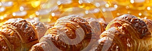 Detailed macro shot golden brown croissant captured in hyperrealistic photography