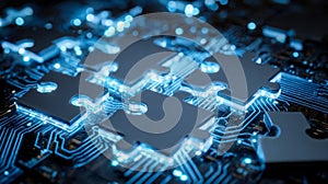 Close-up of illuminated electronic circuit with interconnected components