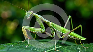 Detailed macro shot of a praying mantis in close up, showcasing intricate details