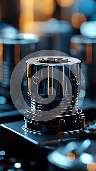 Close up of a metallic computer hardware component with intricate details and a blurred background