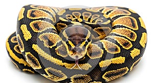Close-up detailed view of a ball python's intricate pattern and scales isolated on white background
