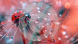 Detailed macro shot of a vibrant ladybug on a dewy dandelion at sunrise with intricate details