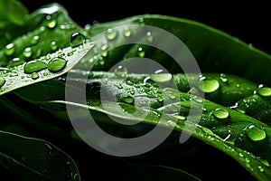 Detailed macro shot of water droplets glistening on vibrant, lush green plant leaves