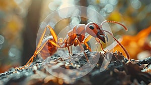 Detailed macro view of ants feeding on a deceased ant in the natural forest environment