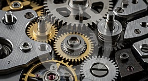 Intricate clockwork mechanism gears and cogs close up