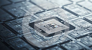 Detailed macro view of a computer CPU processor microchip on a complex circuit board with a shallow depth of field