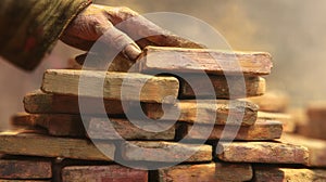 Detailed macro view of fresh bricks with rough surface and earthy tones