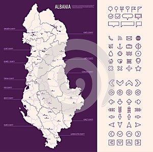 Detailed map of Albania with administrative divisions on dark background, country big cities and icons set, vector illustration