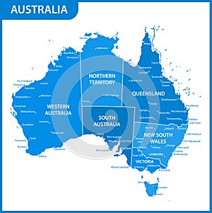 The detailed map of the Australia with regions or states and cities, capitals