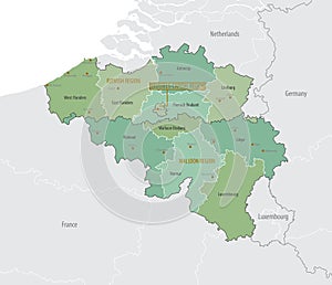 Detailed map of Belgium with administrative divisions into regions and Provinces, major cities of the country, vector illustration