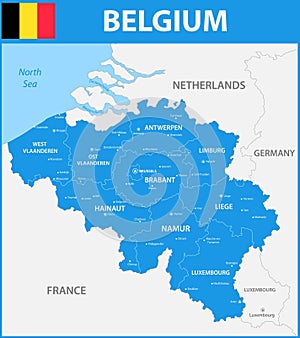 The detailed map of the Belgium with regions or states and cities, capitals.