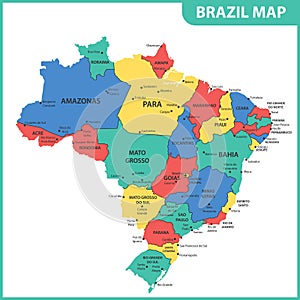 The detailed map of the Brazil with regions or states and cities, capitals photo