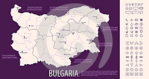 Detailed map of Bulgaria with administrative divisions on dark background, country big cities and icons set, vector illustration