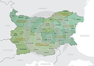 Detailed map of Bulgaria with administrative divisions into -Regions and Provinces Oblasts, major cities of the country, vector photo