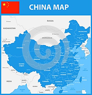 The detailed map of China with regions or states and cities, capitals.