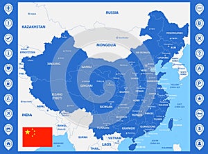 The detailed map of China with regions or states and cities, capitals. With map pins or pointers. Place location markers or signs