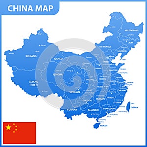 The detailed map of the China with regions or states and cities, capitals, national flag