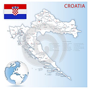 Detailed map of Croatia administrative divisions with country flag and location on the globe.