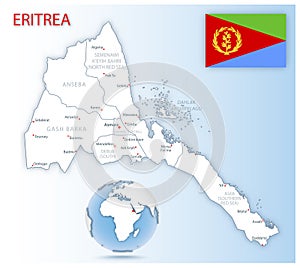 Detailed map of Eritrea administrative divisions with country flag and location on the globe