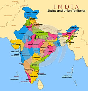 Detailed map of India, Asia with all states and country boundary