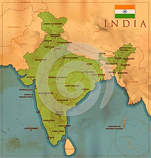 Detailed map of India, Asia with all states and country boundary