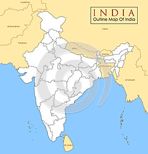 Detailed map of India, Asia with all states and country boundary