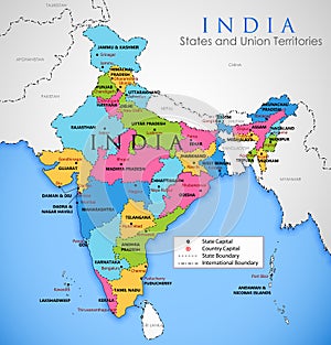 Detailed map of India, Asia with all states and country boundary