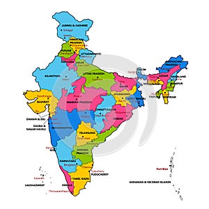 Detailed map of India, Asia with all states and country boundary