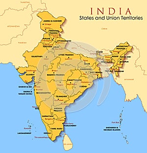 Detailed map of India, Asia with all states and country boundary