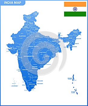 The detailed map of the India with regions or states and cities, capital. Administrative division.