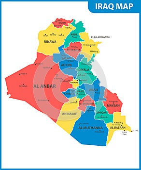 The detailed map of Iraq with regions or states and cities, capital. Administrative division.