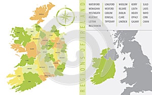 Detailed map of Ireland with administrative divisions of the country, color vector illustration