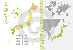 Detailed map of Japan with administrative divisions of the country, color vector illustration