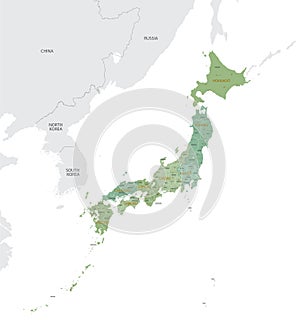 Detailed map of Japan with administrative divisions into regions and prefectures, major cities of the country, vector illustration