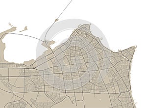 Detailed map of Kuwait city, linear print map. Cityscape panorama