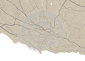 Detailed map of Lausanne city, linear print map. Cityscape panorama