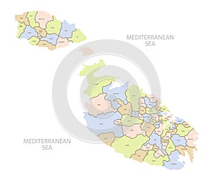 Detailed map of location of Malta in Europe with the administrative divisions of country, vector illustration