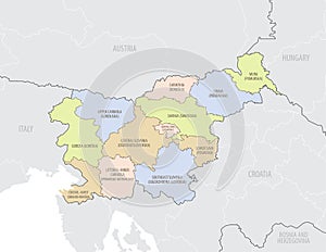 Detailed map of location of Slovenia in Europe with the administrative divisions of country, vector illustration