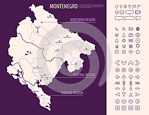 Detailed map of  Montenegro with administrative divisions on dark background, country big cities and icons set, vector