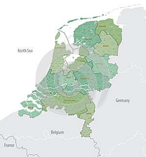 Detailed map of Netherlands with administrative divisions into Provinces and Municipalities, major cities of country, vector