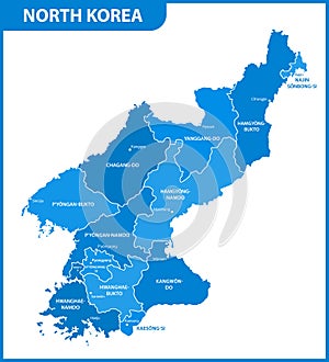The detailed map of the North Korea with regions or states and cities, capital