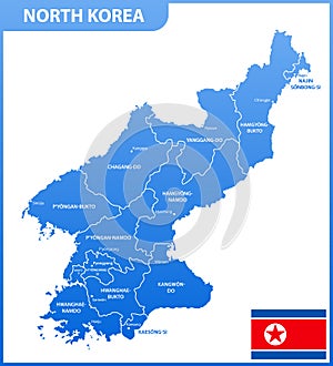 The detailed map of the North Korea with regions or states and cities, capitals, national flag