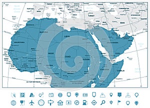 Detailed map of Northern Africa and the Middle East and navigation icons