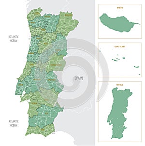 Detailed map of Portugal with administrative divisions into region and municipalities, major cities of country, vector