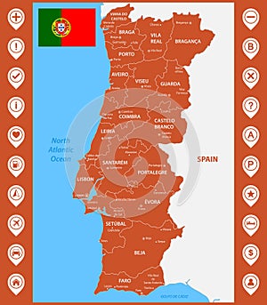The detailed map of Portugal with regions or states and cities, capitals. With map pins or pointers. Place location markers or sig