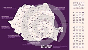 Detailed map of Romania with administrative divisions on dark background, country big cities and icons set, vector illustration