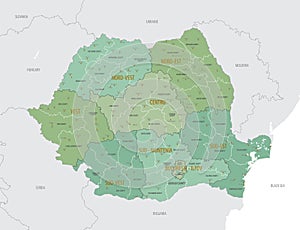 Detailed map of Romania with administrative divisions into regions and Counties, major cities of the country, vector illustration